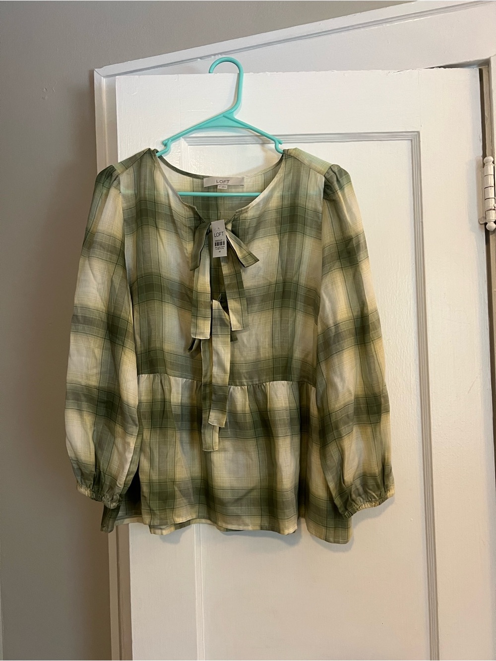 LOFT Green Plaid Tie-Front Peasant Blouse